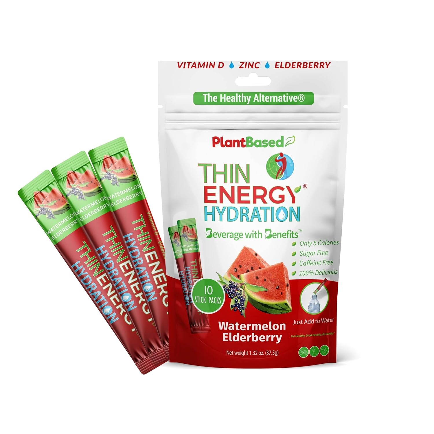 Thin Energy Hydration Powder Packets | Watermelon Elderberry | 30 Sticks | Vitamins & Electrolytes Sports Drink Mix | Caffeine Free | Sugar Free & Keto Friendly | Plant Based