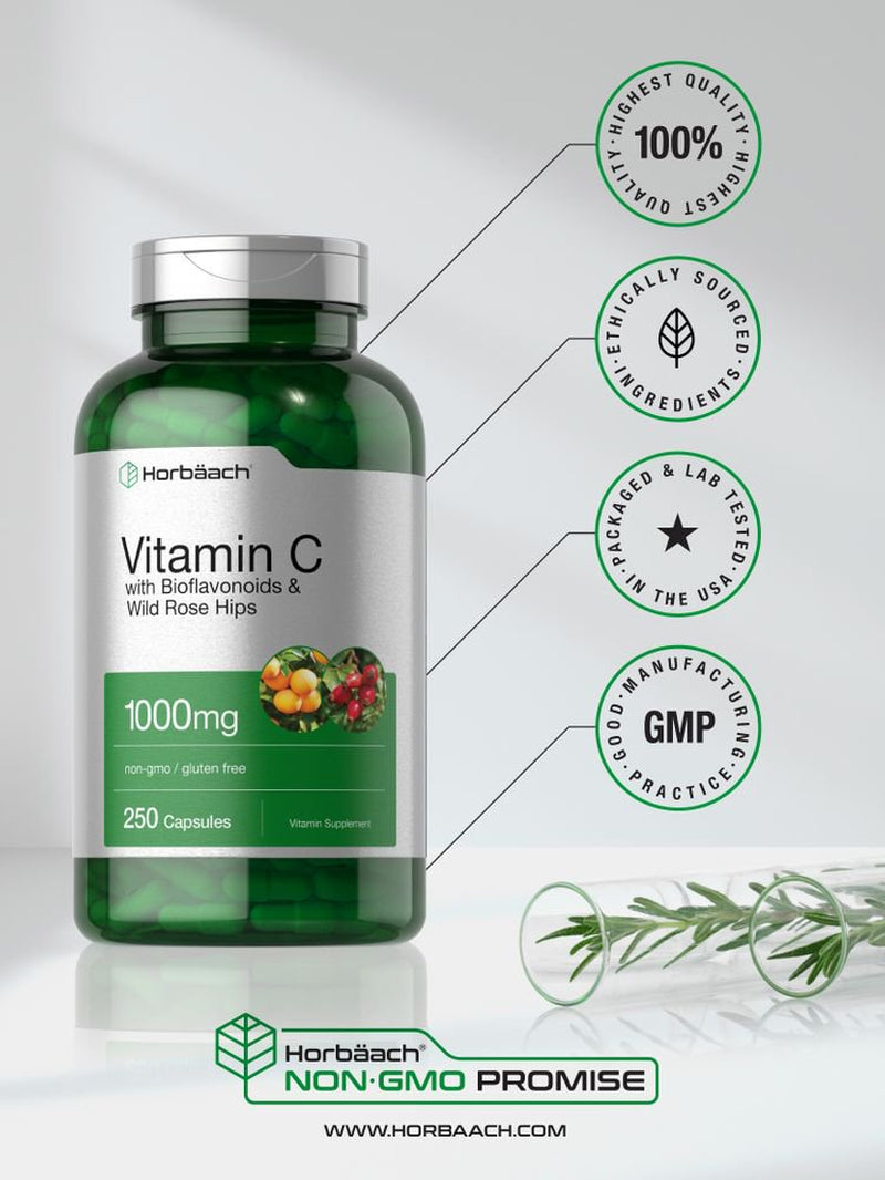 Vitamin C 1000Mg | 250 Capsules | with Bioflavonoids & Rose Hips | by Horbaach