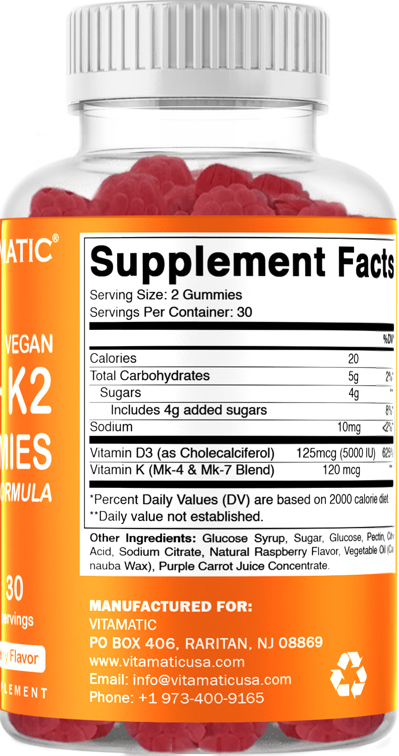 2 Pack - Vitamatic Vitamin D3 K2 Gummies - 60 Count - Supports Healthy Bone, Heart & Calcium Absorption, & Immune Health - Plant Based, Non-Gmo, Gluten Free