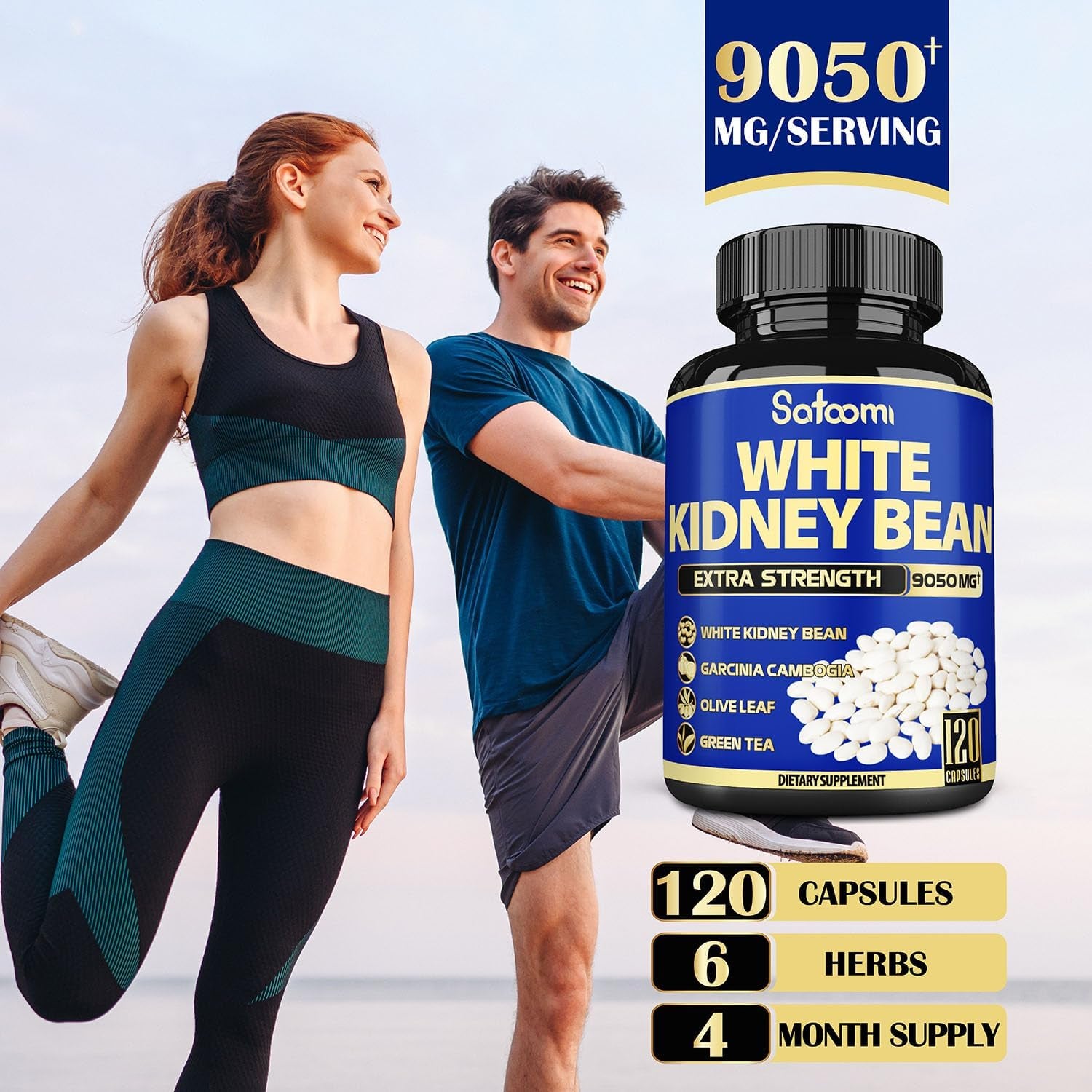 6In1 White Kidney Bean Extract Capsules 9050 Mg - with Garcinia Cambogia, Olive Leaf, Green Coffee Bean & More - Energy, Immune Support & Body Form Management for Women & Men - 120 Count