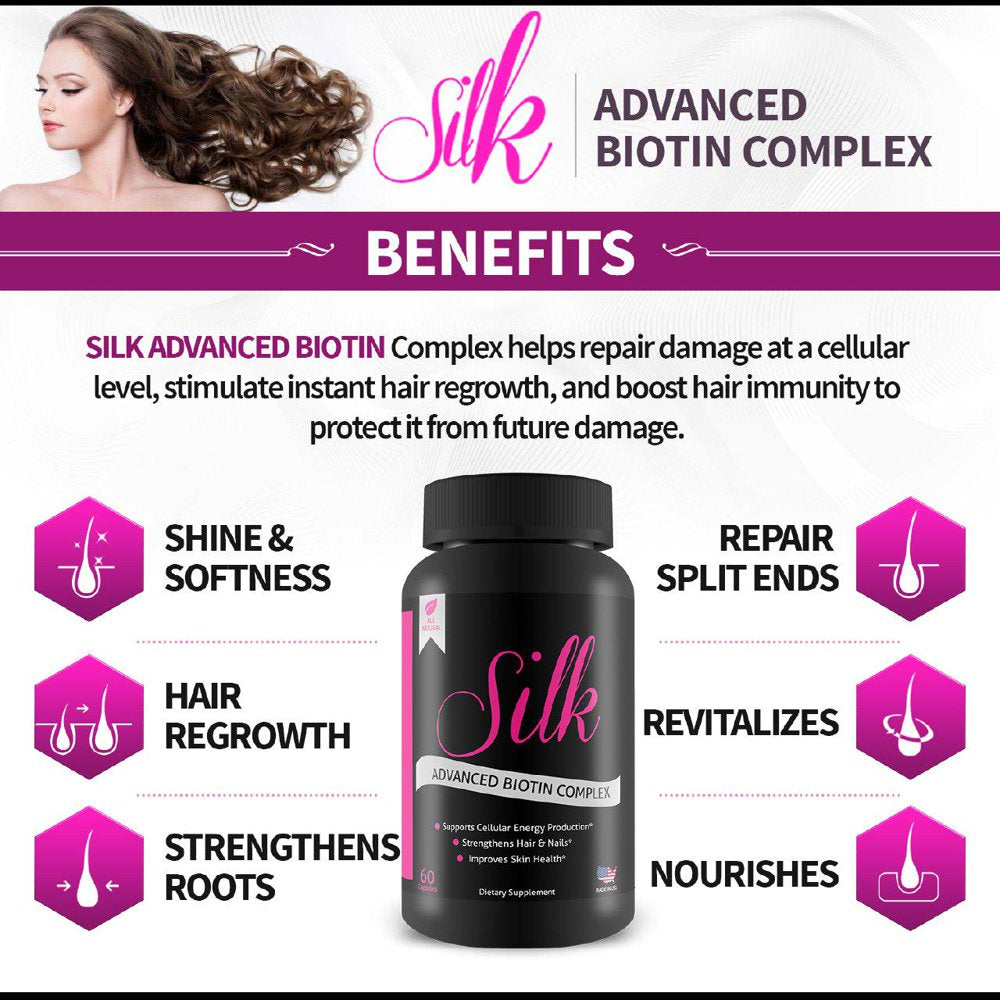 Silk Advanced Biotin Complex - Promotes Stronger, Longer Hair - Healthier Skin - Ultimate Nail Strength - 60 Capsules