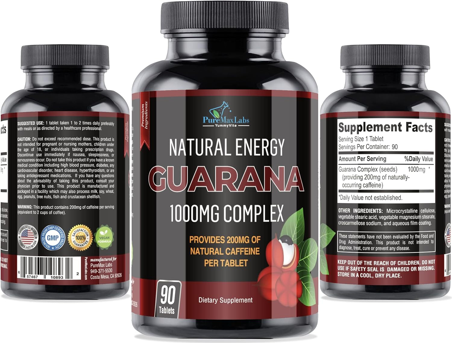 Natural Energy Guarana 1000MG - Provides 200MG of Herbal Caffeine (2 Cups Coffee), Antioxidants, Boost Mental Focus, Natural Caffeine Tablets, 90 Tablets