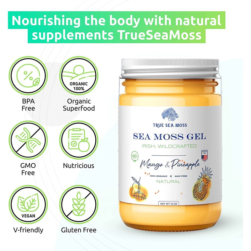 Trueseamoss Wildcrafted Irish Sea Moss Gel – Nutritious Raw Seamoss Rich in Minerals, Proteins & Vitamins – Antioxidant Health Supplement, Vegan-Friendly Made in USA (Mango/Pineapple, 1)