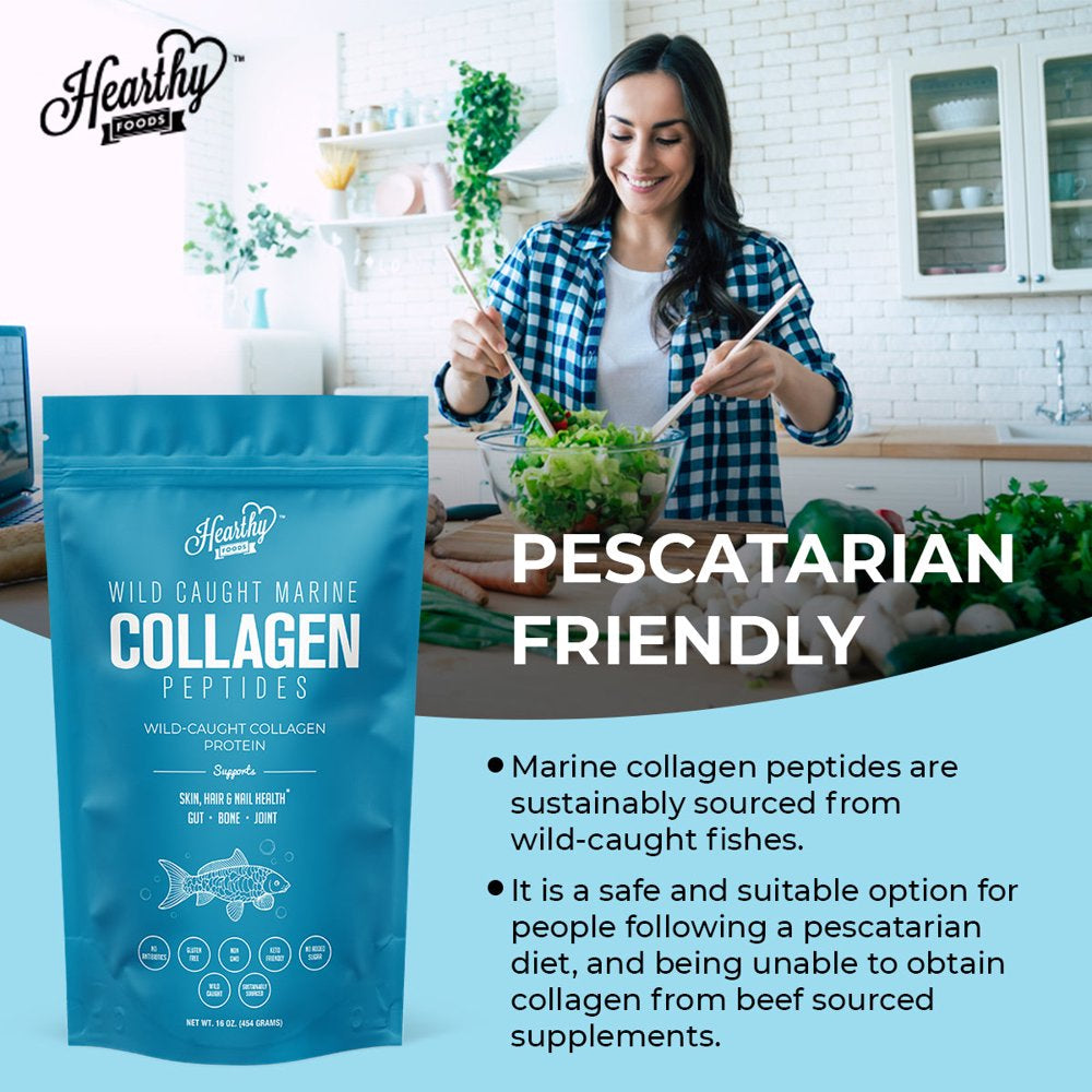 Hearthy Foods Marine Collagen Powder 16 Oz - Gut Health, Inflammation Relief, Youthful Skin, Post-Workout Recovery - Halal, Keto/Paleo Friendly, Types 1 & 3 Collagen Peptides.