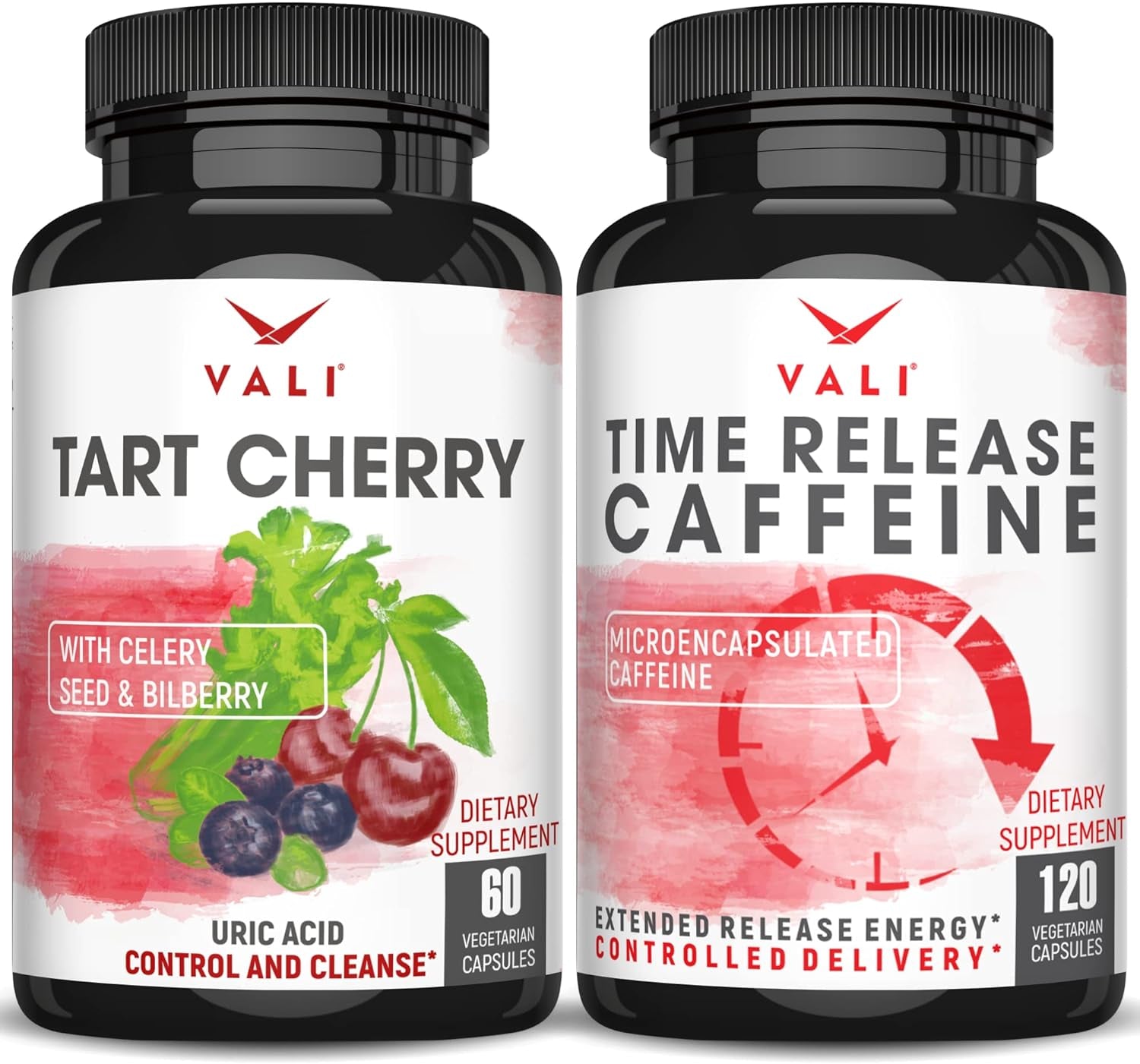 VALI Time Release Caffeine Tart Cherry Bundle - Smart Slow Release Caffeine for Extended Energy, Focus & Alertness and Uric Acid Control and Cleanse with Cherry, Celery & Bilberry for Joints