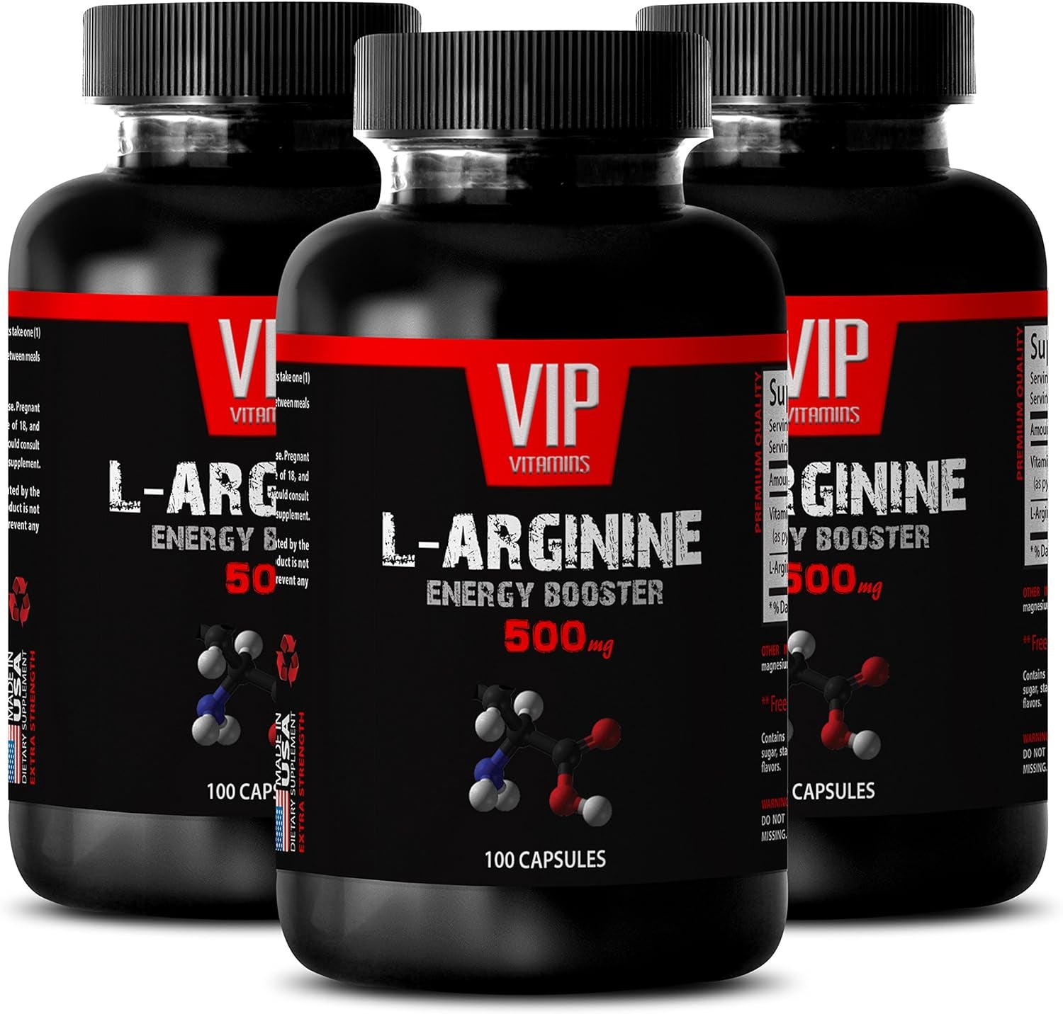 VIP VITAMINS L-Arginine Capsules - L-ARGININE Energy Booster 500 MG - Boost Immune System, 3 Bottles (300 Capsules)