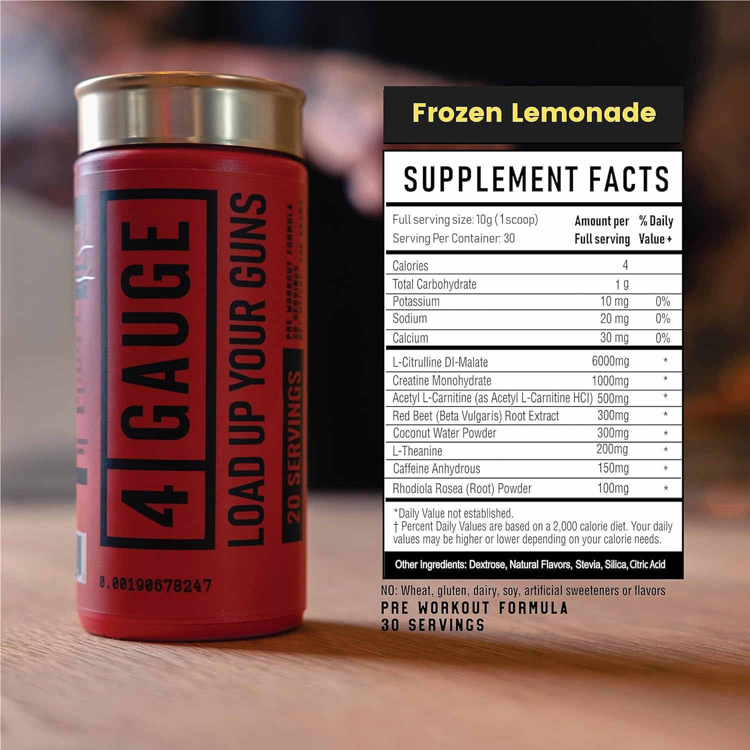 4 Gauge Natural Preworkout without the Jitters | 30 Servings | Nitric Oxide Booster | L-Citrullline, L-Carnitine, Creatine | No Artificial Ingredients | Frozen Lemonade