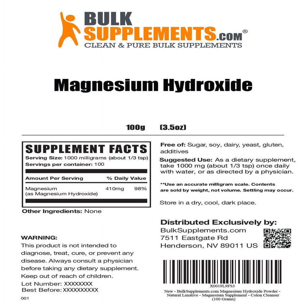 Bulksupplements.Com Magnesium Hydroxide Powder, 1000Mg - Natural Laxative - Magnesium Supplement (100G - 100 Servings)