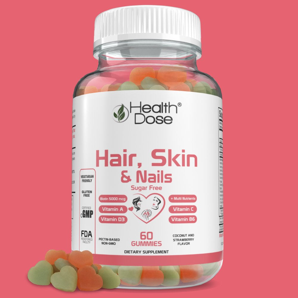 Healthdose Hair Skin Nails with Biotin 5000 Mcg, Vitamin A,D3,C & B6, Gluten & Sugar Free, Coconut & Strawberry Flavor 60 Count Gummies.