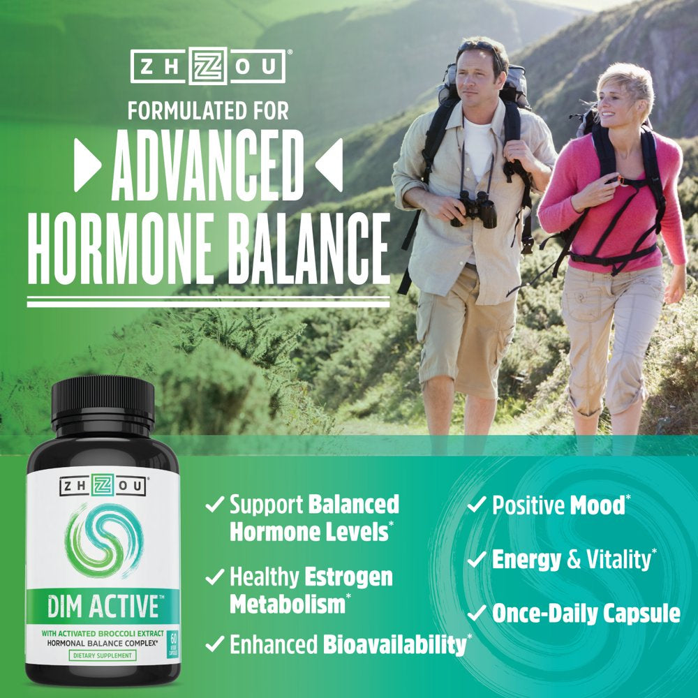 Zhou DIM Active | Menopause & Estrogen Metabolism Supplement with 250Mg DIM plus Broccoli Seed Extract & Bioperine | for Women & Men | 60 Capsules