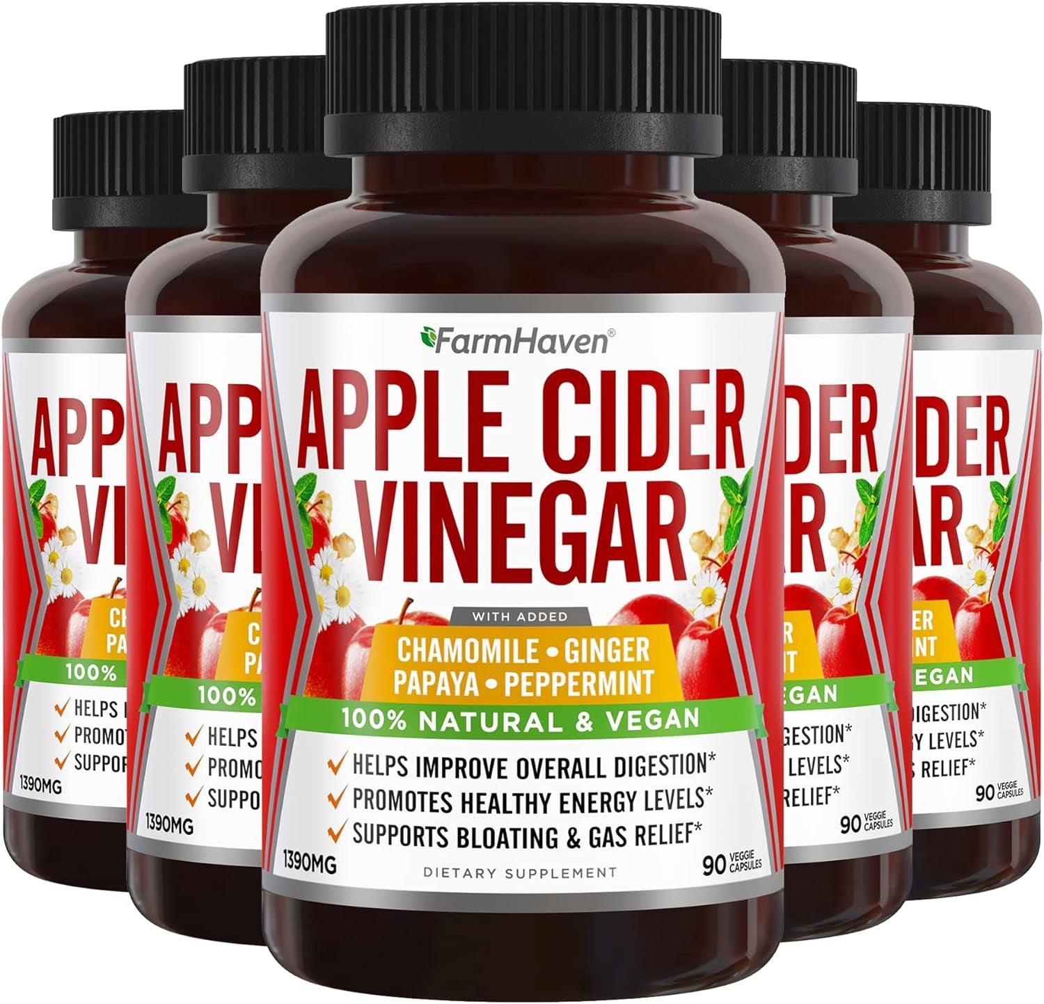 Apple Cider Vinegar Capsules with Ginger, Papaya & Chamomile | 1390Mg | Supports Digestion, Immunity | like with Mother | Non-Gmo & 100% Natural | 450 Capsules