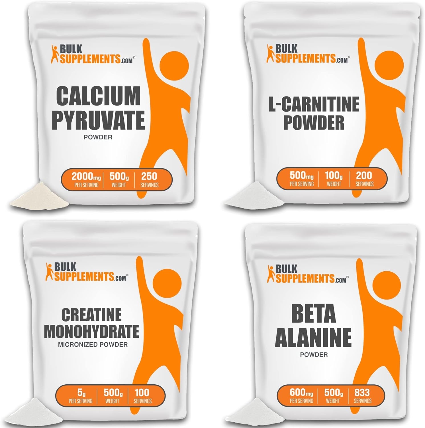 BULKSUPPLEMENTS.COM Calcium Pyruvate Powder 500G, with L-Carnitine Powder 100G, Creatine Monohydrate Powder (Micronized Creatine) 500G & Beta Alanine Powder 500G Bundle