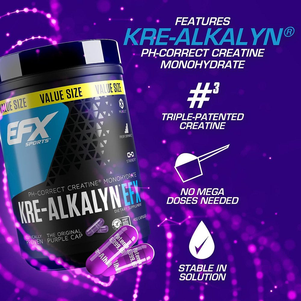 EFX Kre-Alkalyn , PH Correct Creatine Monohydrate , Patented Formula, Gain Strength, Build Muscle & Enhance Performance - 400 Capsules / 200 Servings