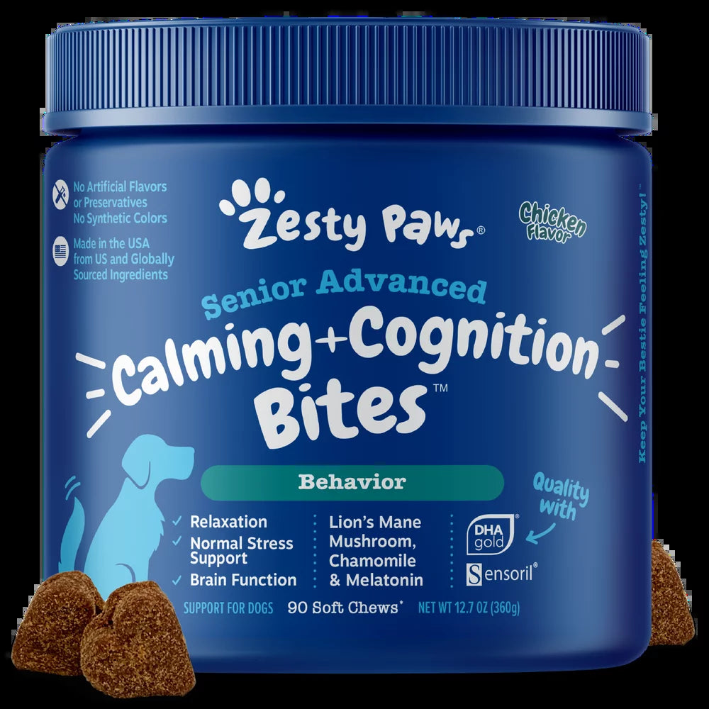 Zesty Paws Senior Advanced Calming & Cognition Behavior Bites for Senior Dogs, Chicken Flavor, 90 Count Soft Chews