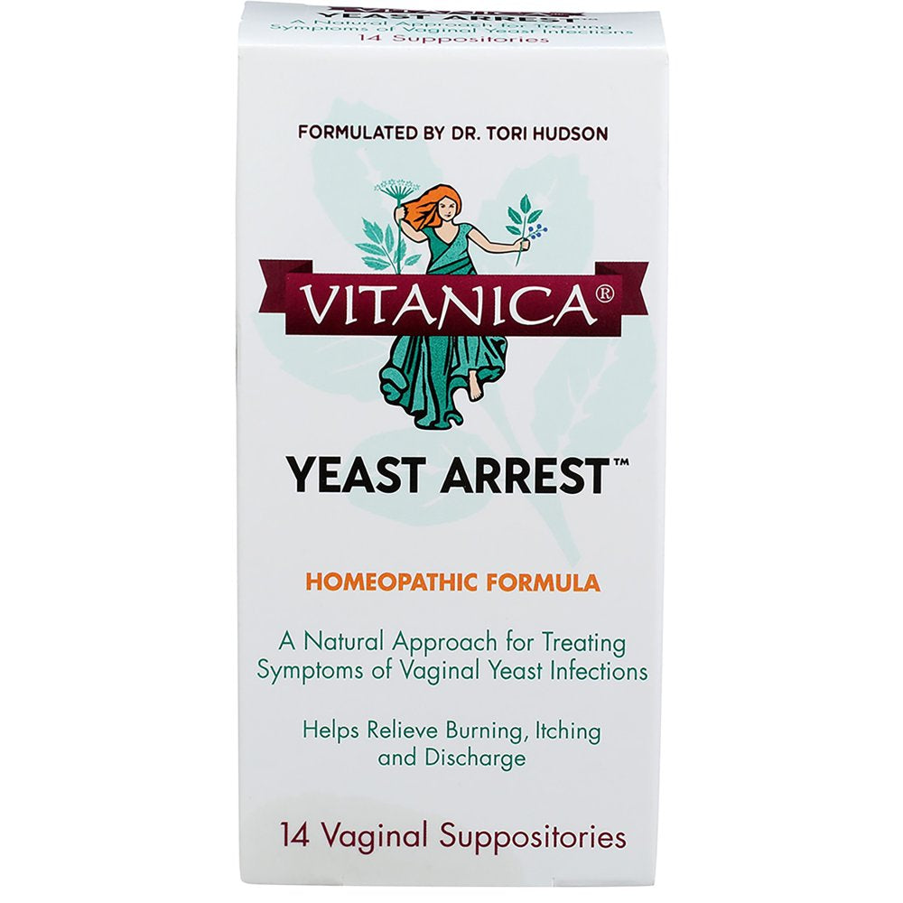 Vitanica Yeast Arrest, Homeopathic Vaginal Suppositories, for Yeast Infection Symptoms, Relieves Burning, Itching & Discharge, with Boric Acid, Tea Tree Oil & Probiotics, Vegan (Yeast Arrest, 14)