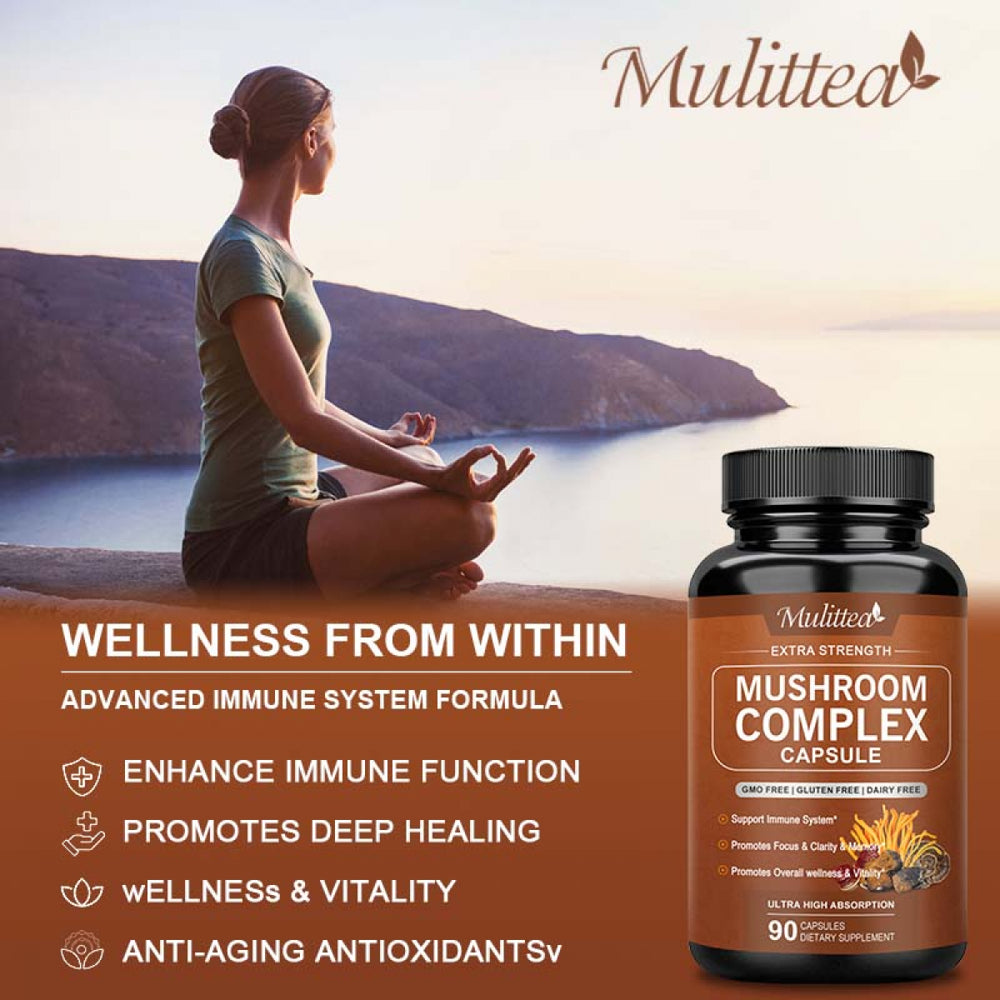 Mulittea Mushroom Complex Tablet(90Pills) - with Lion'S Mane Cordyceps，10 Mushroom Blend - for Immune Booster & Nootropic Brain Supplement