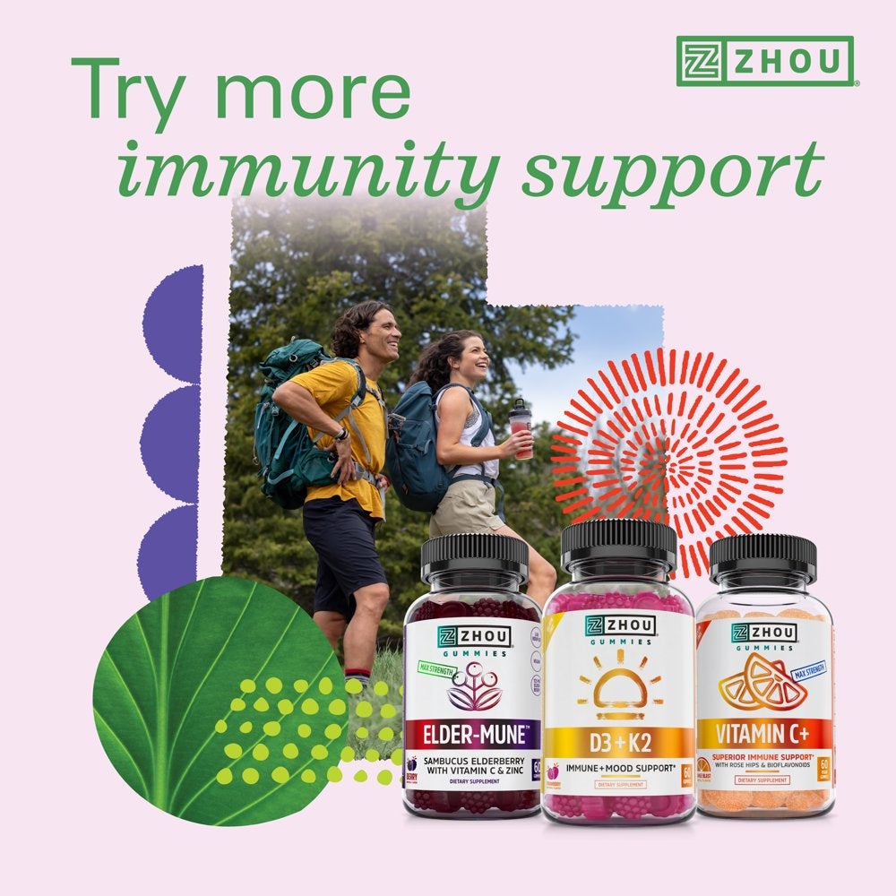 Zhou Nutrition Vitamin D3 K2, Bone and Heart Health Formula 5000 IU Vitamin D3 & 100 Mcg Vitamin K2, Max Strength 2 in 1 Immune Support and Calcium Absorption, Gluten Free, 60 Count