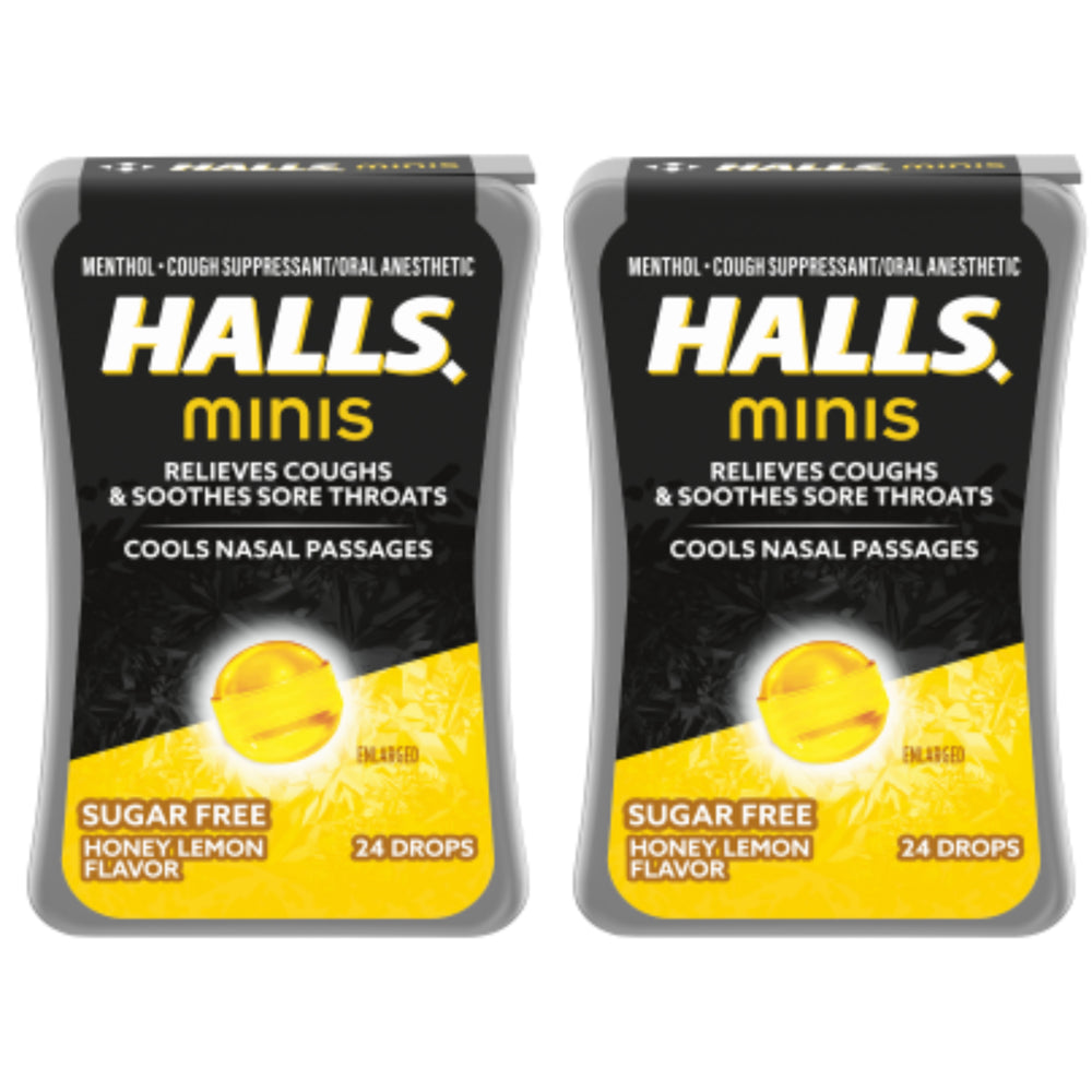 Halls Minis Honey Lemon Flavor Sugar Free Cough Drops, 24 Mini Throat Lozenges per Pack (48 Total Pieces) 2 Pack Double up and Save