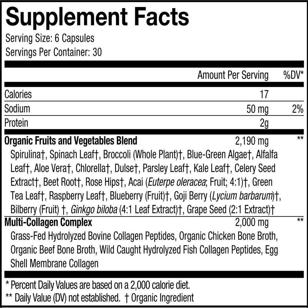 Codeage Multi Collagen Raw Greens, 5 Types Collagen Peptides Capsules, Organic Fruits & Vegetables, 180 Ct