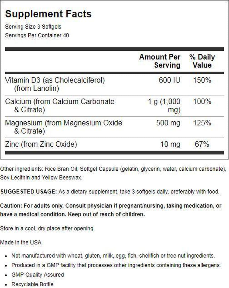 NOW Supplements, Calcium & Magnesium with Vitamin D-3 and Zinc, Supports Bone Health*, 120 Softgels