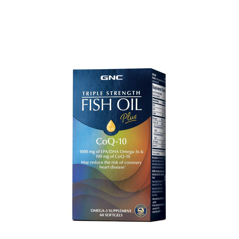 GNC Triple Strength Fish Oil plus Coq-10 | 1000 Mg of EPA/DHA Omega-3S, 100Mg of Coq-10, Supports Heart, Brain, Skin, Eye and Joint Health | 60 Softgels
