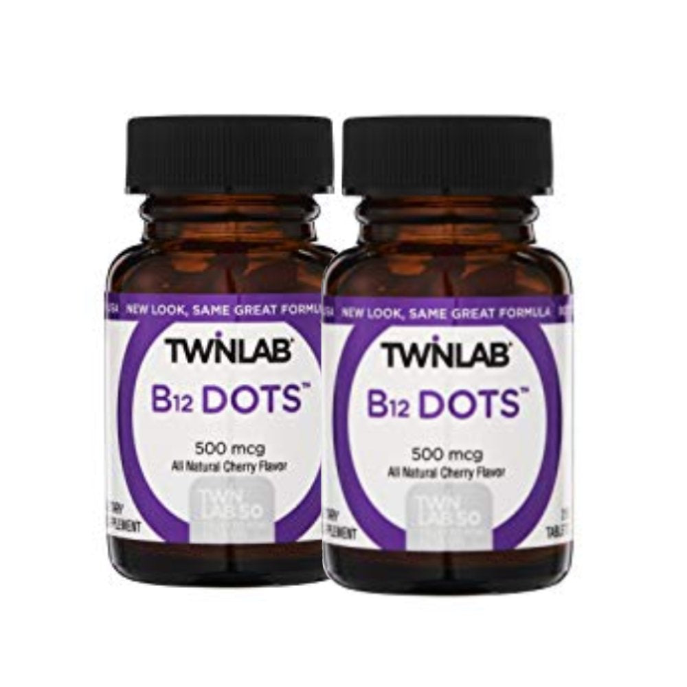 Twinlab B12 Dots - Vegetarian Vitamin B12 Sublingual Natural Energy Pills - B12 Vitamins for Nerve & Brain Health, Energy Boost & More - Vitamin B 12 500 Mcg, Cherry Flavor 250 Lozenges (Pack of 2)