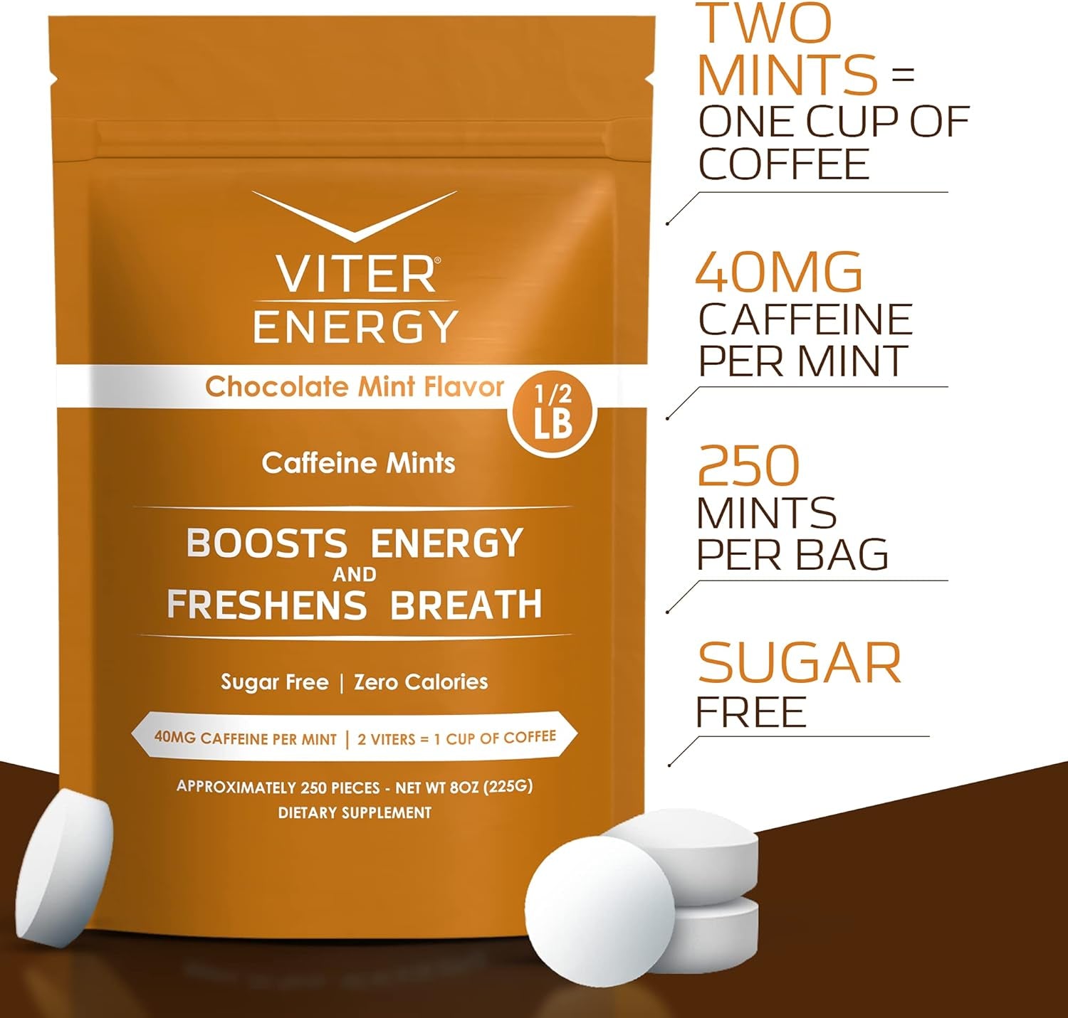 Viter Energy Original Caffeine Mints Chocolate Mint Flavor 6 Pack and 1/2 Pound Bulk Bag Bundle - 40Mg Caffeine, B Vitamins, Sugar Free, Vegan, Powerful Energy Booster for Focus and Alertness