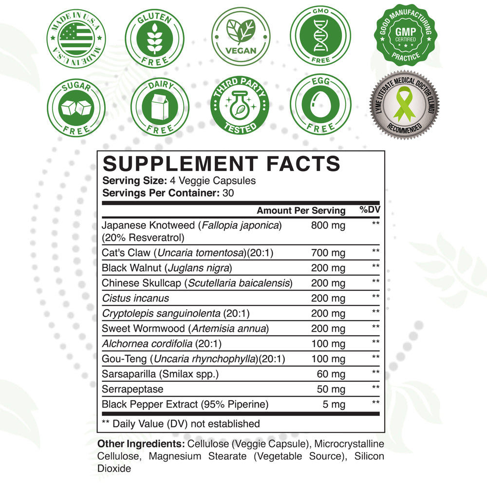 Tick Bite Immune Support Supplement - Japanese Knotweed, Cat'S Claw, Chinese Skullcap, Cryptolepis Sanguinolenta, Black Walnut, Black Pepper Extract, Sweet Wormwood Capsules - 120 Vegan Capsules