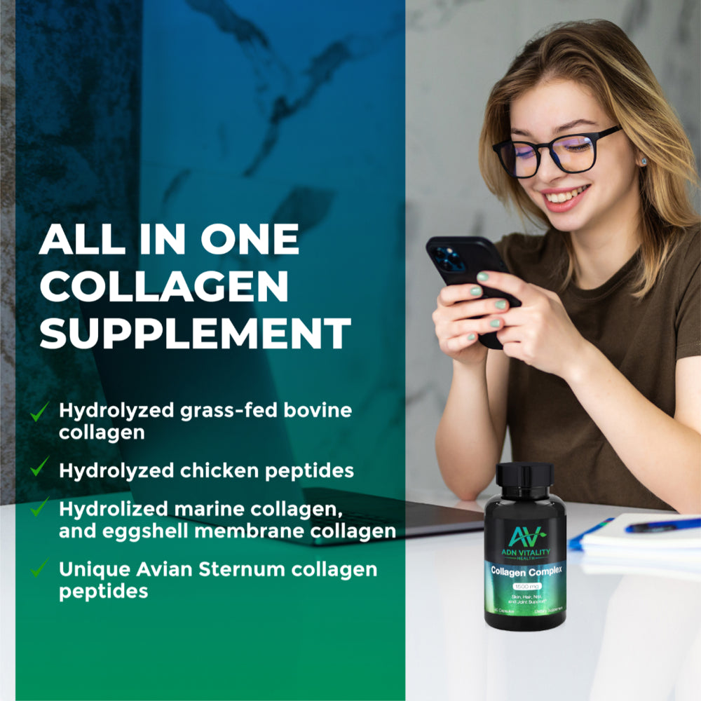 Collagen Peptides Pills - Hydrolyzed Multi Collagen Supplement - Collagen Capsules (Type I, II, III, V, and X) - by ADN VITALITY - Support Joints, Skin, Hair, and Nails - 90 Capsules