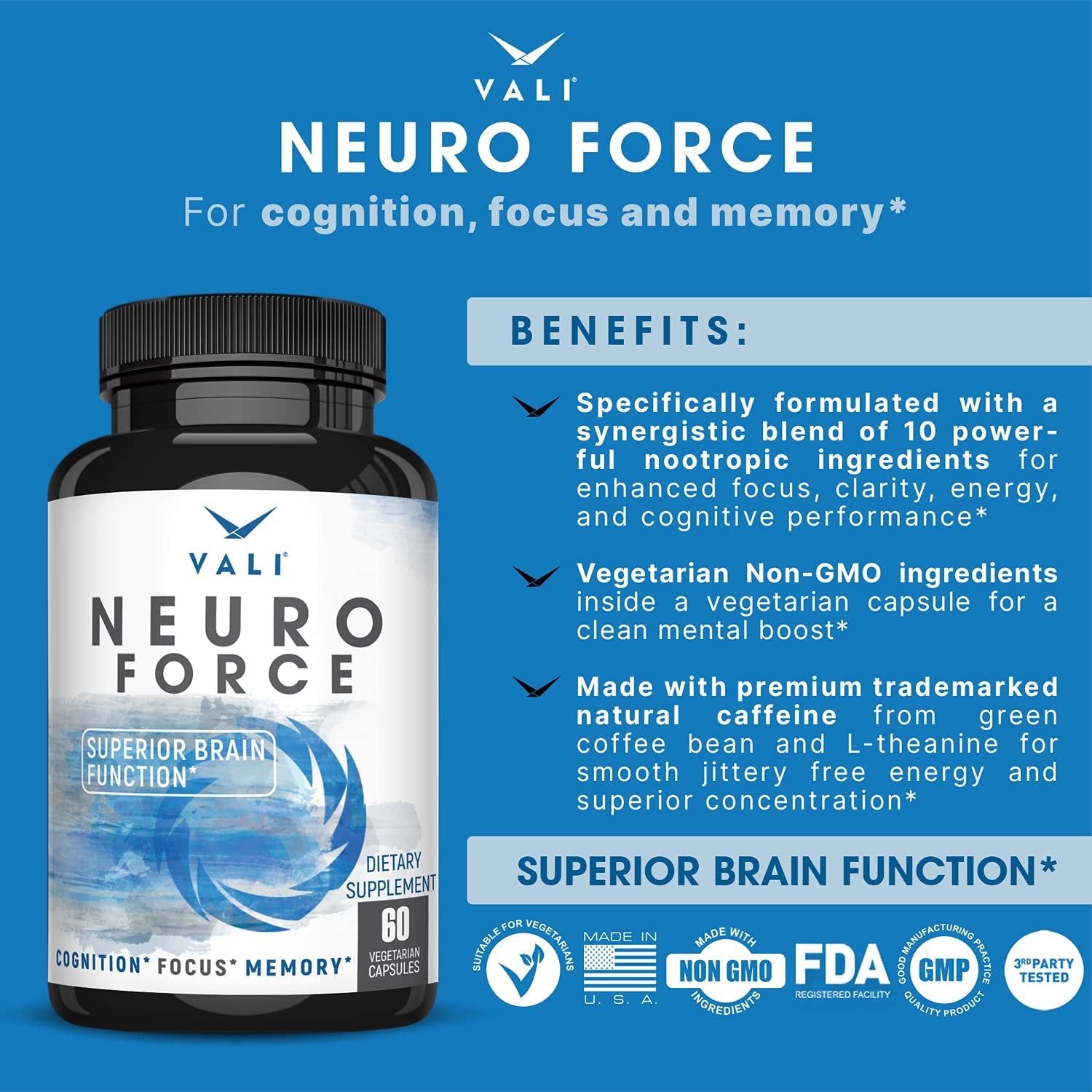 VALI Neuro Force Electrolyte Salts with Caffeine Bundle - Nootropic Brain Booster Supplement for Focus, Memory, Clarity & Energy and Rapid Oral Rehydration for Hydration Fluid Recovery & Energy