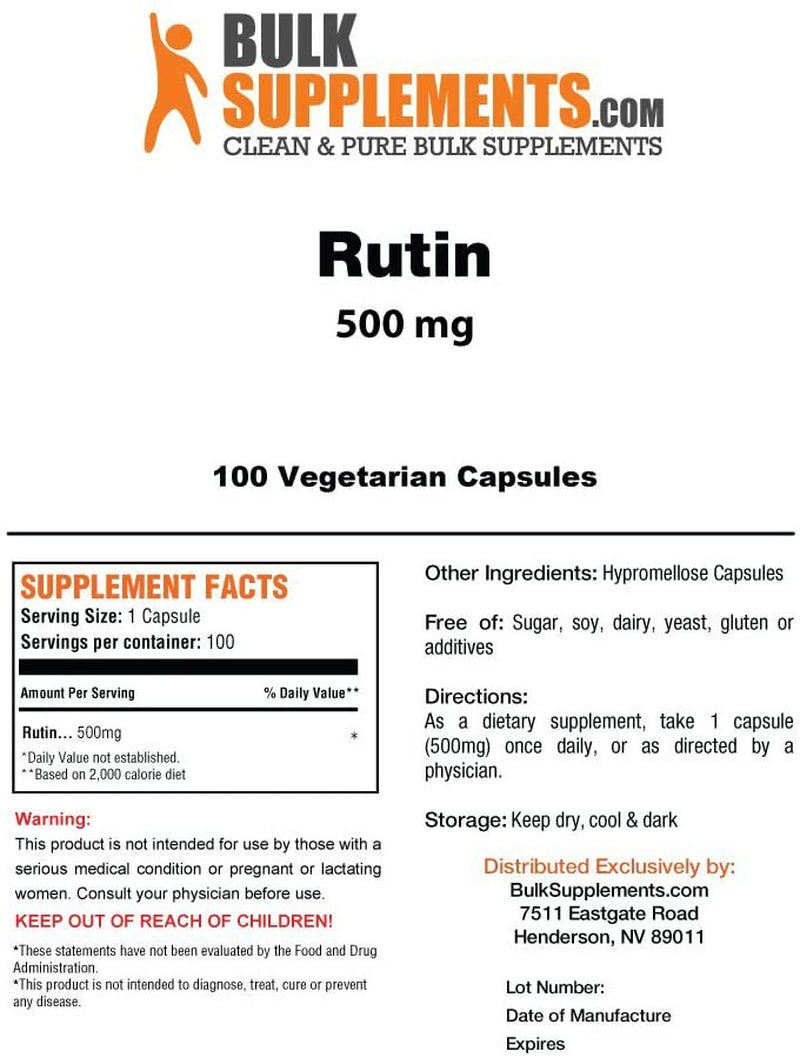 Bulksupplements.Com Rutin Capsules, Antioxidant Supplement for Blood Circulation Support and Brain Support (100 Vegetarian Capsules - 100 Servings)