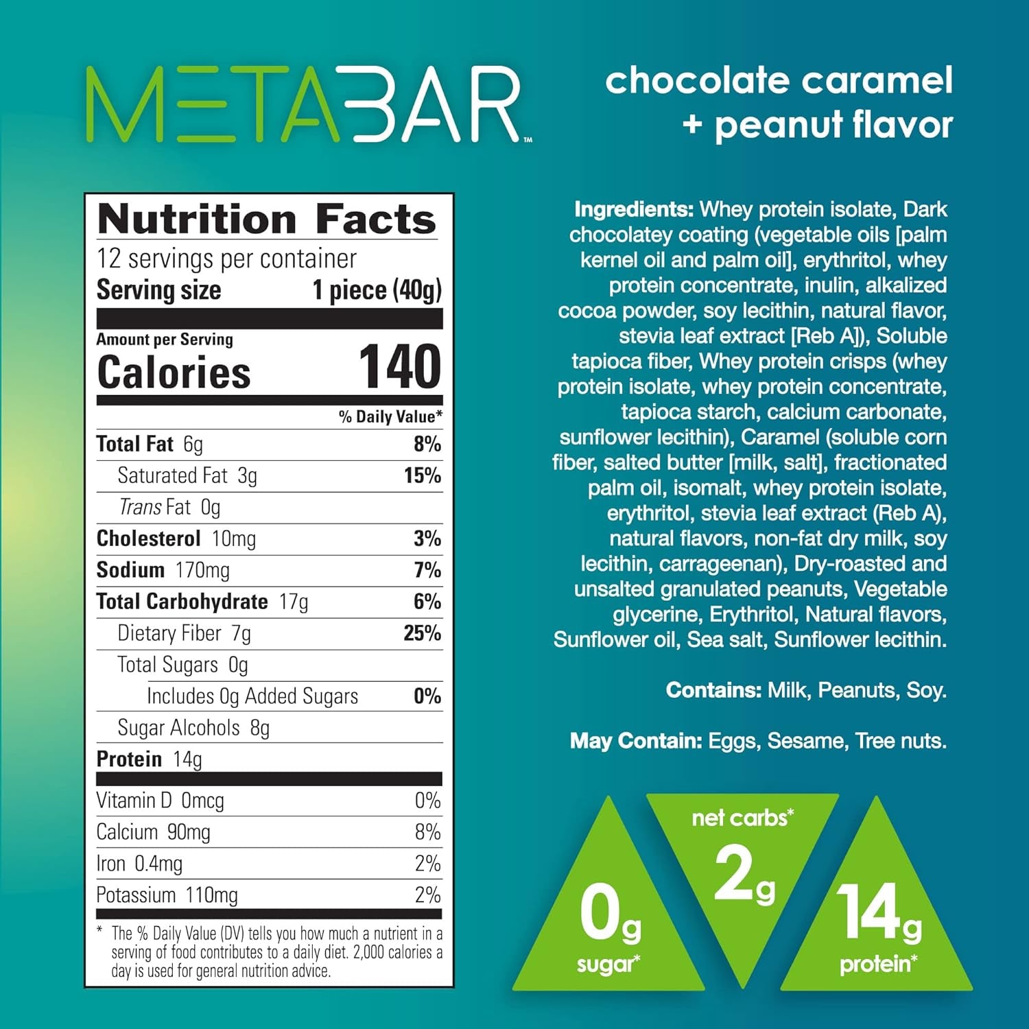 *NEW* No Sugar META BAR - High Protein Energy Bars, 0G Sugar, 14G Protein, Low Net Carb, Chocolate Caramel & Peanut - Grab & Go Protein Snack Bars with Six Layers of Decedent Delight - Gluten Free, Keto Friendly (Chocolate Caramel & Peanut, 12 Bars)