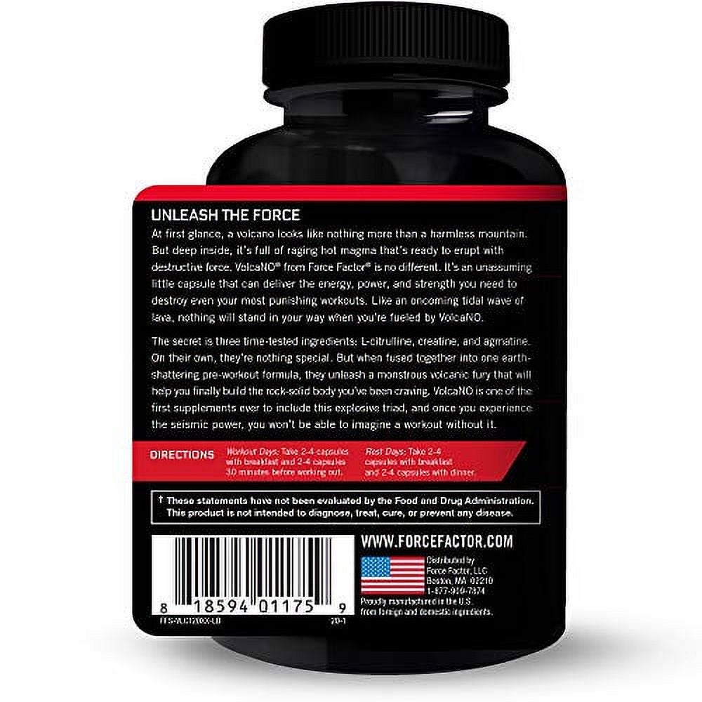 Volcano Pre Workout Nitric Oxide Booster Supplement for Men with Creatine and L-Citrulline to Boost Nitric Oxide and Energy, Build Muscle, Better Pump and Workout, Force Factor, 120 Capsules