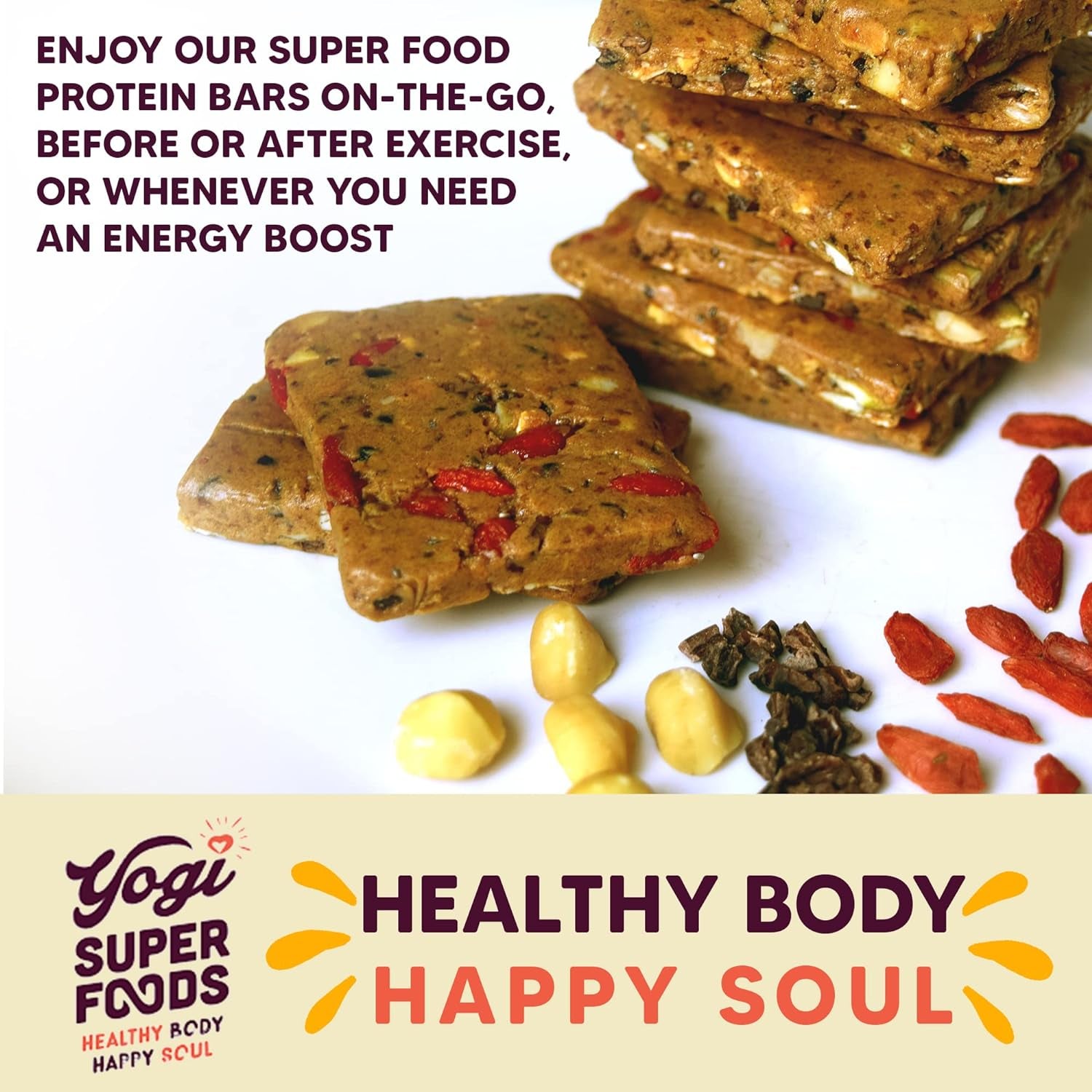 Yogi Super Foods Maca Protein Bars with Cacao for Healthy Energy - Organic, Vegan, Gluten Free, Low Glycemic Superfood Snack Food Bars with Plant Protein, Cocoa Powder & Granola - 10 Bars