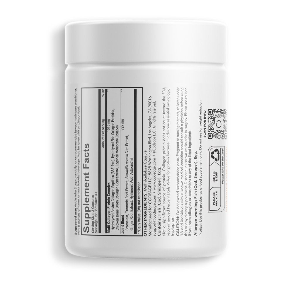 Codeage Multi Collagen Protein + Joint, Astaxanthin, Bromelaine, Hyaluronic Acid, Boswellia, Turmeric, 90 Ct