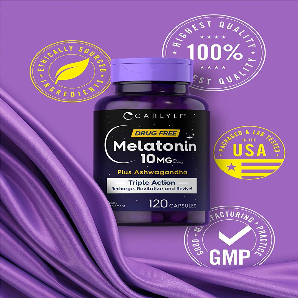 Melatonin 10Mg | 120 Capsules | with Ashwagandha | Triple Strength Formula | Non-Gmo, Gluten Free Supplement | by Carlyle