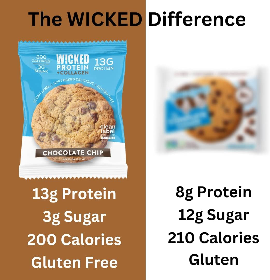 WICKED Protein Cookie, Chocolate Chip, High Protein, Low Sugar, Clean Label Project Certified, Gluten Free, Collagen, Delicious Soft Baked Protein Snack for Women and Men (Chocolate Chip, 6)