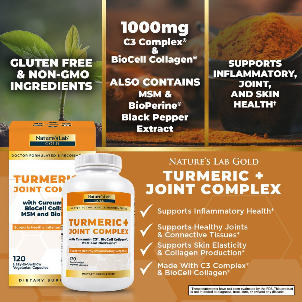 Nature'S Lab Gold Turmeric Joint Complex - 120 Capsules - Biocell Collagen, Hyaluronic Acid, C3 Curcumin, MSM - Joint Support, anti Inflammatory, Skin Supplement*