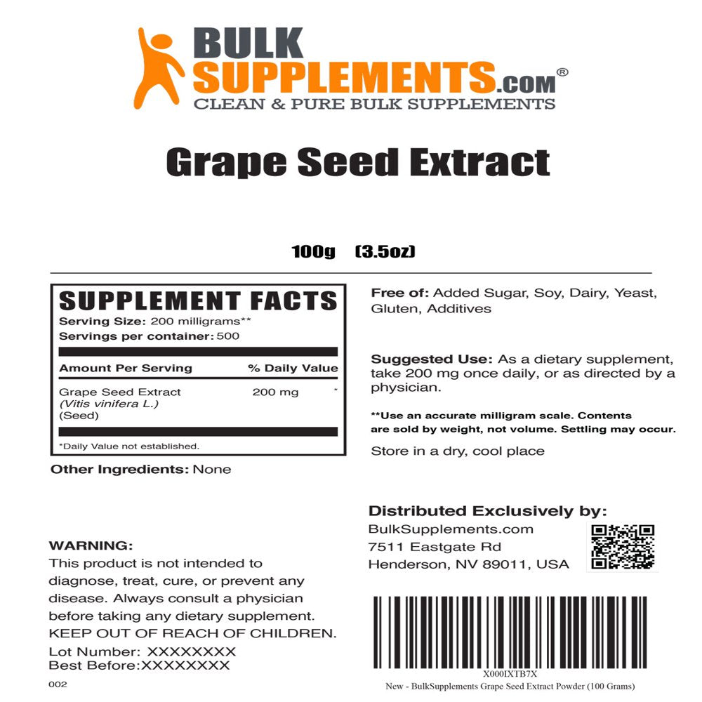 Bulksupplements.Com Grape Seed Extract Powder - Vein Support Supplements - Polyphenols Supplement - Grapeseed Extract Supplement (100 Grams - 3.5 Oz)