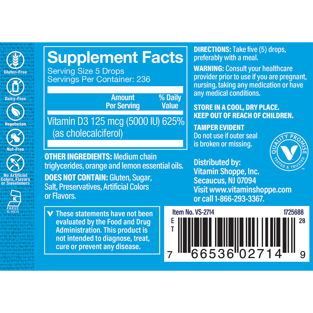 Vitamin Liquid D3 5000IU, Supports Bone & Immune Health, Aids in Healthy Cell Growth & Calcium Absorption, Citrus Flavor, 1 Fluid Ounce by the Vitamin Shoppe