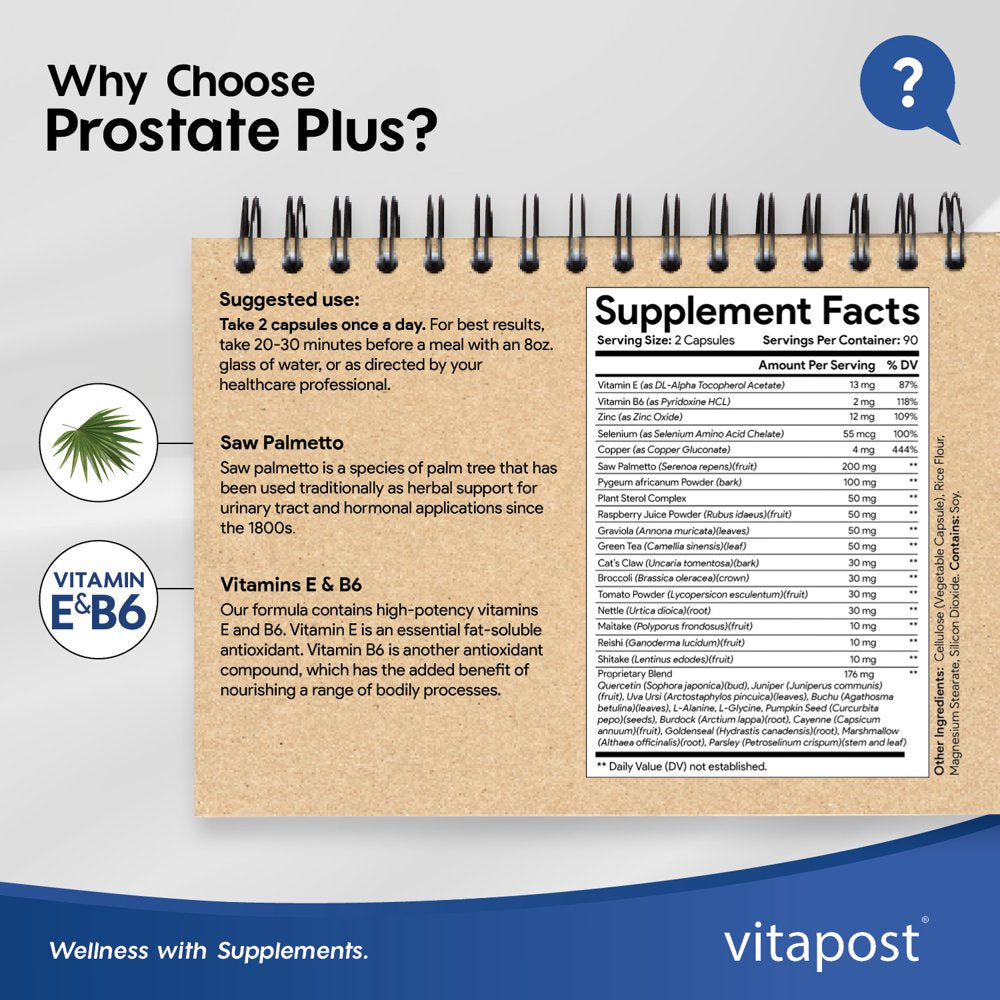 Vitapost Prostate plus Supplement with Zinc, Saw Palmetto, Pygeum - 60 Capsules