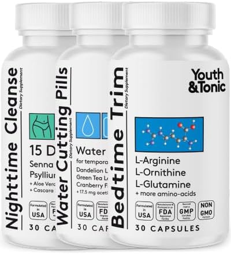 Youth & Tonic Sculpt Lean Cleanse 3 X Diet Pills W/Bedtime Trim & Water Weight Away & 15 Day Cleanser as Support for Protein Metabolism Energy Water Retention Loss & Belly Bloating for Women & Men