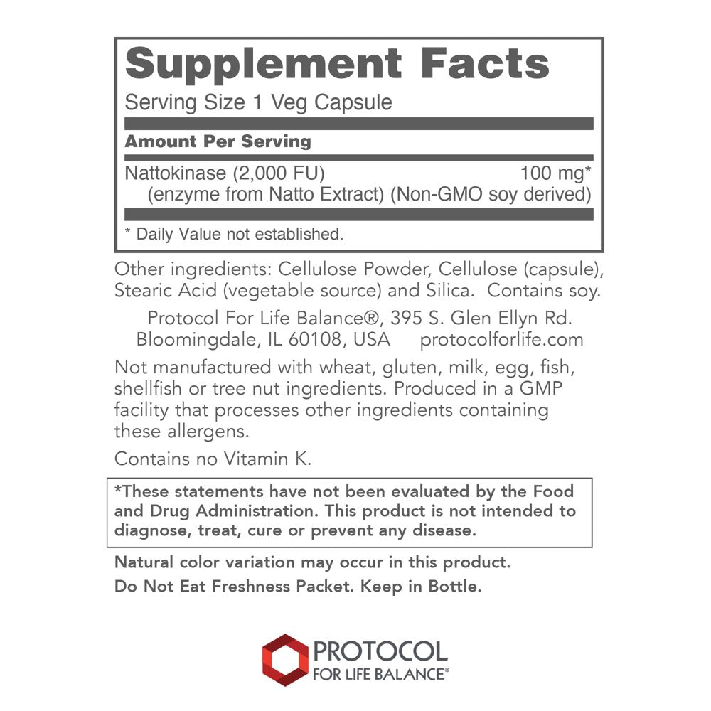 Protocol for Life Balance - Nattokinase 100 Mg - 2,000 Fibrinolytic Units of Enzyme Activity to Support Heart Health, Circulation, and Normal Blood Flow, Enhanced Formula Supplement - 60 Veg Capsules