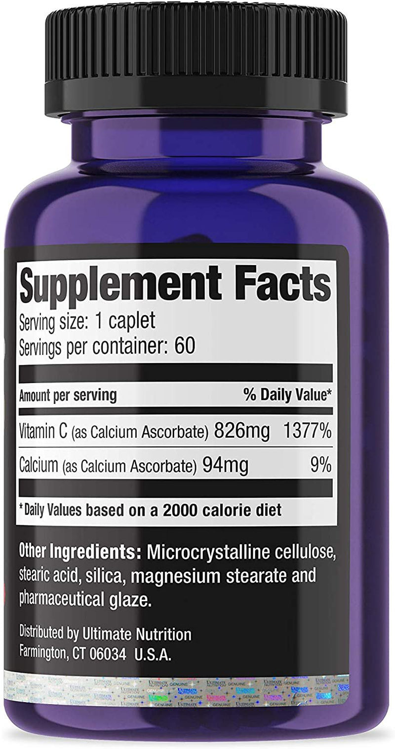 Ultimate Nutrition Vitamin C plus Calcium Daily Multivitamin (826Mg Vitamin C, 94Mg Calcium) Non-Gmo Gentle Antioxidant Supplement (60 Caplets)