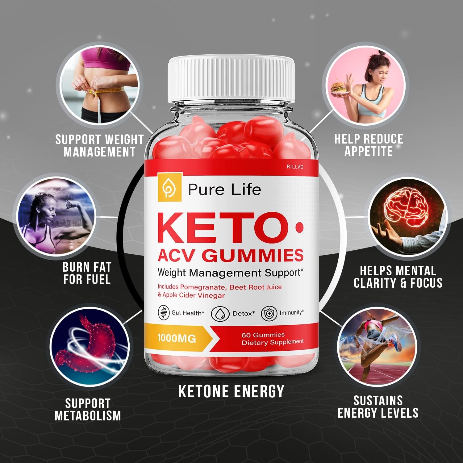 Rillvo Pure Life Keto ACV Gummies - Advanced Formula Shark Pure Life Keto Apple Cider Vinegar Gummies Tank 1000Mg (60 Gummies), 0.222 Kilograms, 60.0 Count, 1