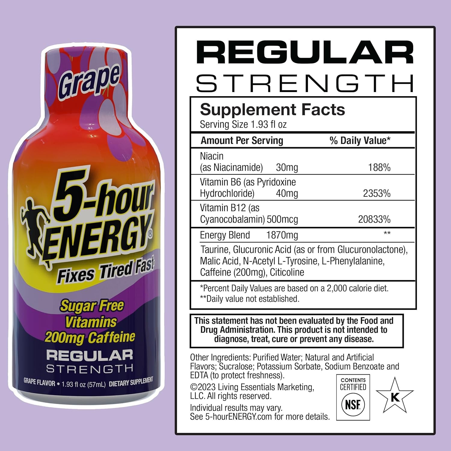 5-Hour ENERGY Regular Strength Energy Shot | Grape Flavor | 1.93 Oz. | 24 Count | Sugar-Free & Zero Calories | B-Vitamins & Amino Acids | 200Mg Caffeinated Energy Shot | Dietary Supplement