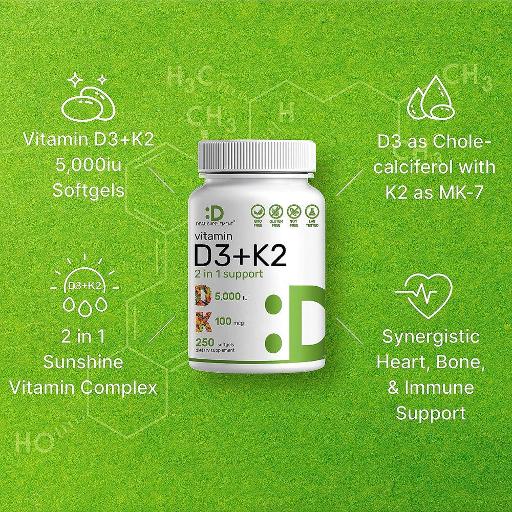 Vitamin D3 K2 Softgel, 180 Counts, 2-1 Complex, Vitamin D3 5000 IU & Vitamin K2 MK7 MK4, Promotes Heart, Bone & Teeth Health - Very Easy to Swallow