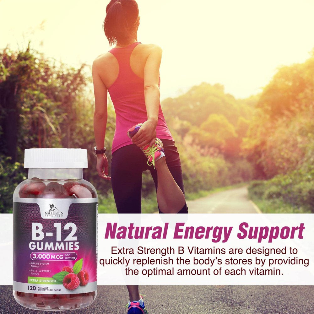 Vitamin B12 Gummies 3000 Mcg, High Absorption Vitamin B-12 Energy & Immune System Support Gummy Vitamins, Vegan Gummy, Natural Energy Support, Raspberry Flavor, for Adults and Kids - 120 Gummies