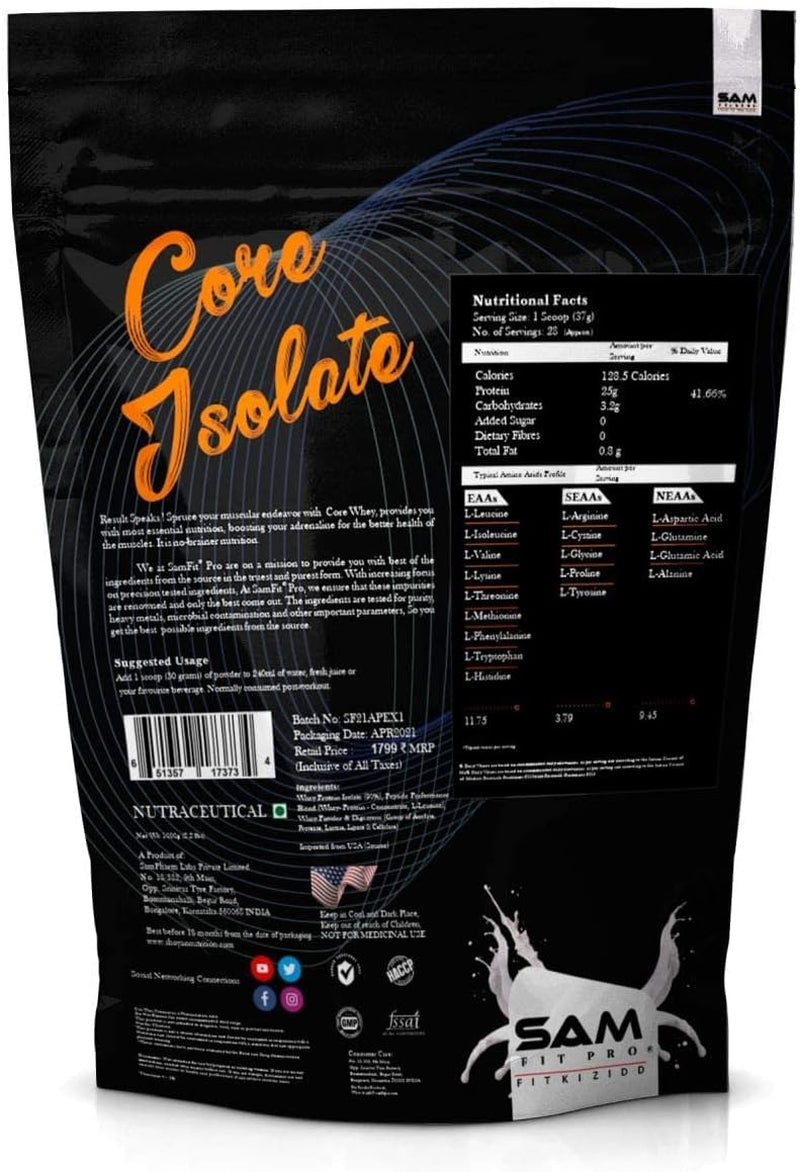 TARIN Samfit Pro Core Whey Isolate Unflavored | 1 Kg | 2.2 Lbs | 25G Protein | 0G Added Sugar | 0G Trans Fat |