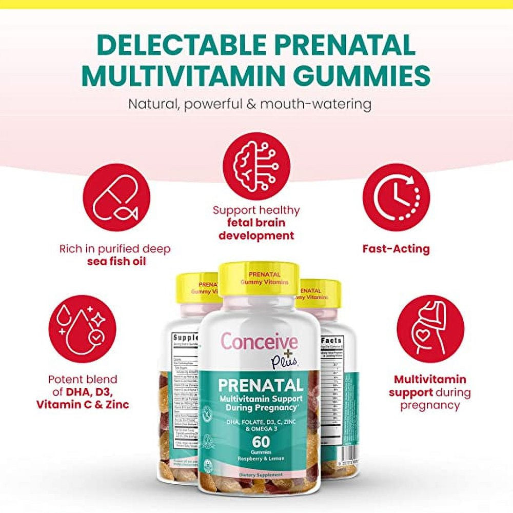 CONCEIVE plus Prenatal Gummies - DHA, Folic Acid, Vitamin D3, C, Zinc, and Omega 3, Natural Lemon + Raspberry Flavor, 60 Count, 30 Day Supply